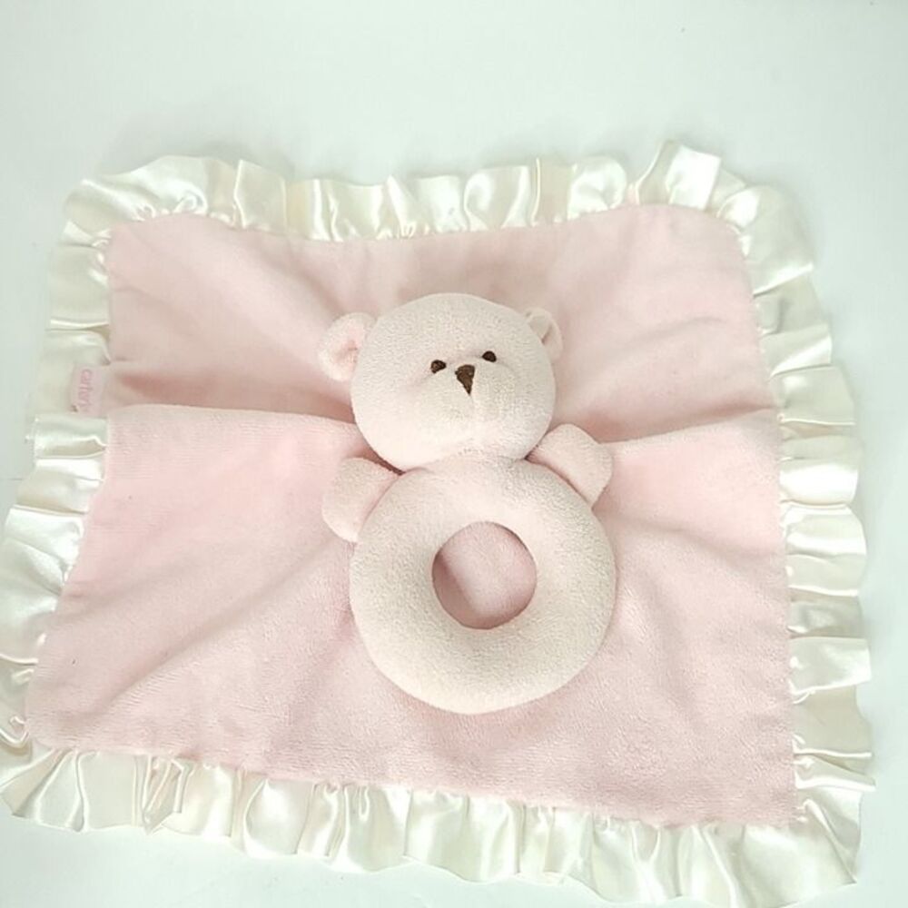 Carter's JUST ONE YEAR Pink Bear Lovey Rattle And Security Blanket Satin 13"